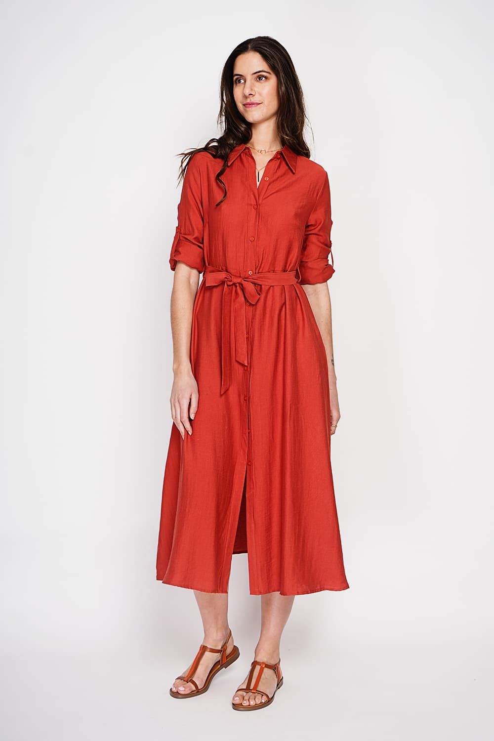 Robe chemise boutonnée devant à manche longue avec ceinture 13