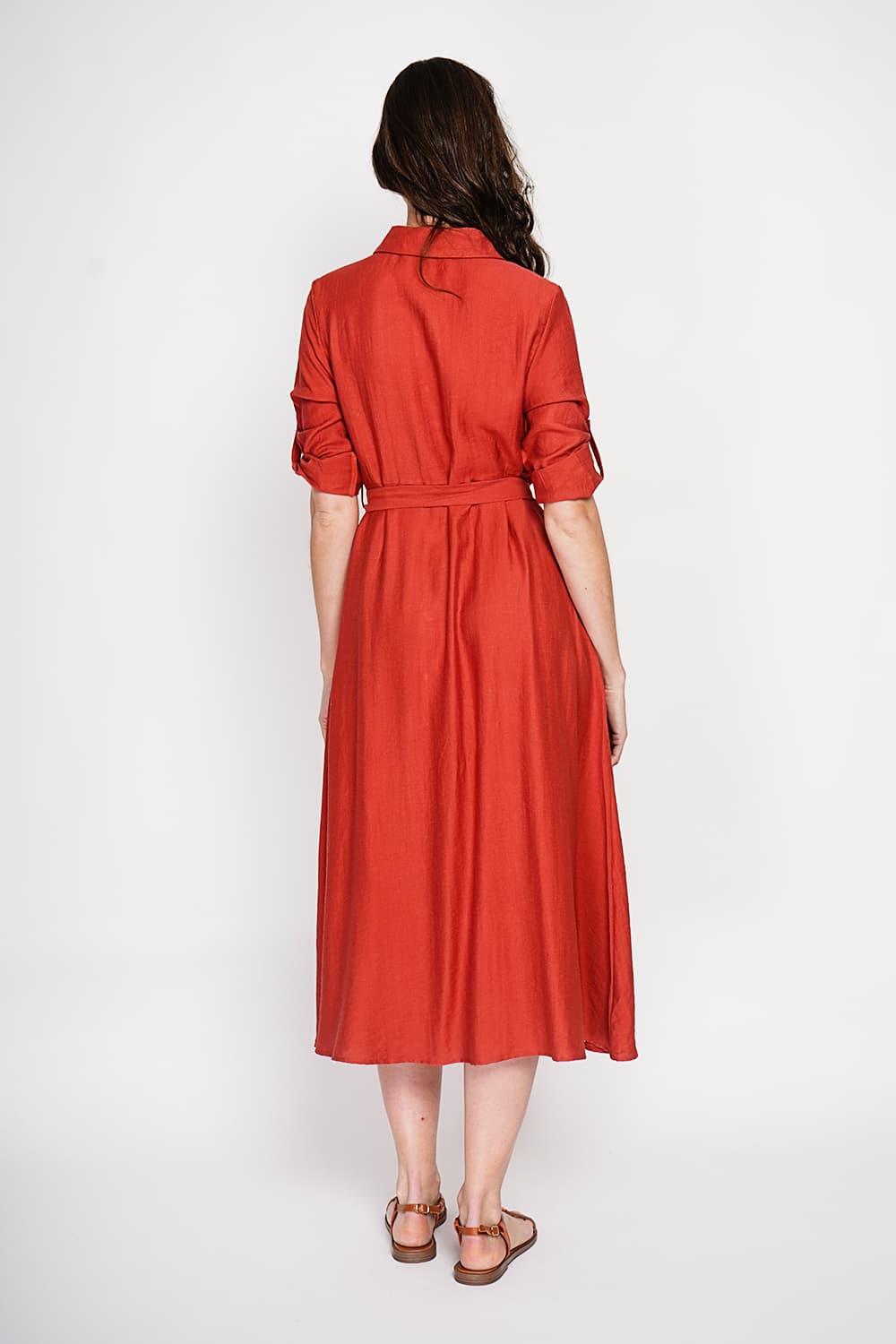 Robe chemise boutonnée devant à manche longue avec ceinture 14