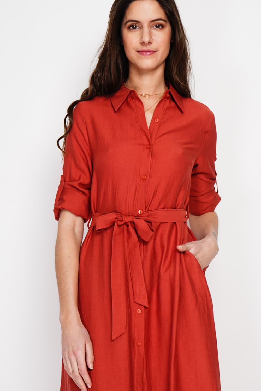 Robe chemise boutonnée devant à manche longue avec ceinture 15