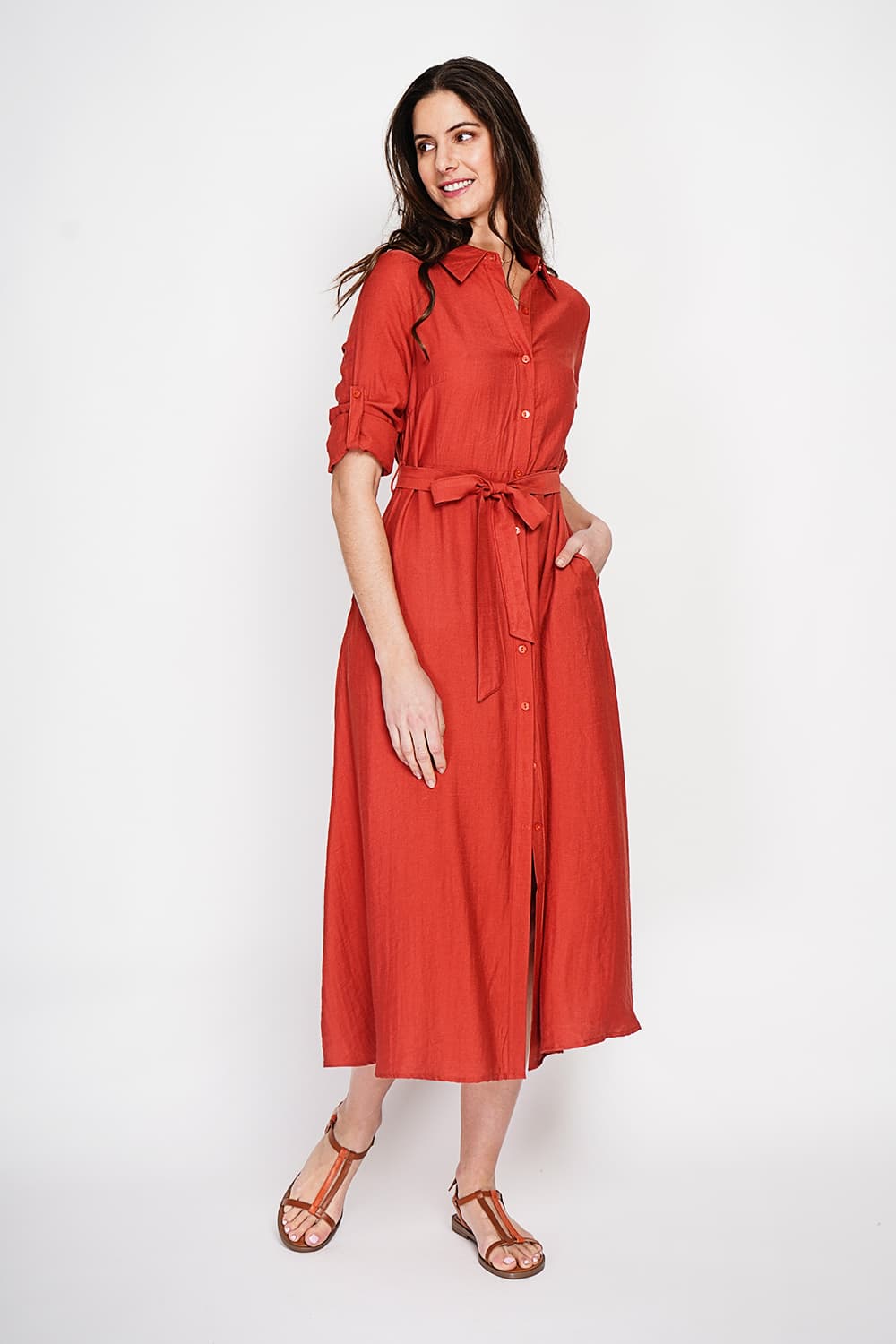 Robe chemise boutonnée devant à manche longue avec ceinture 16