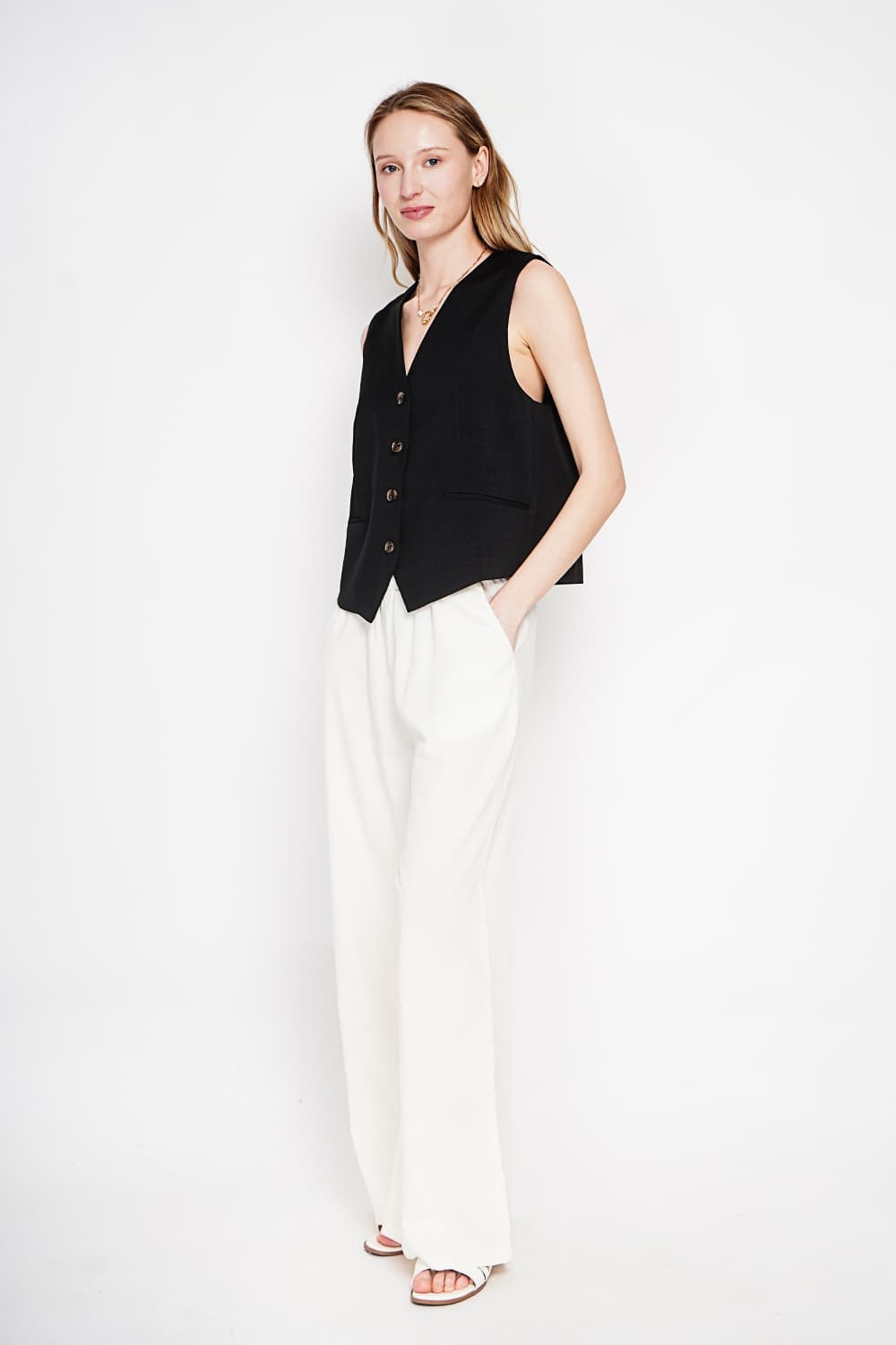 Gilet de costume court sans manches en lin doublé 13