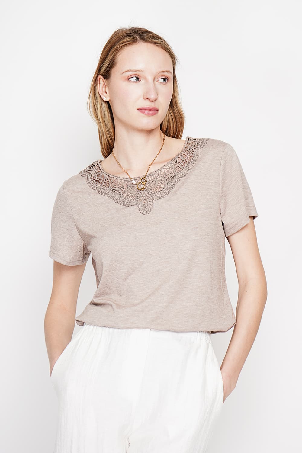 T-shirt col rond manches court dentelle 17