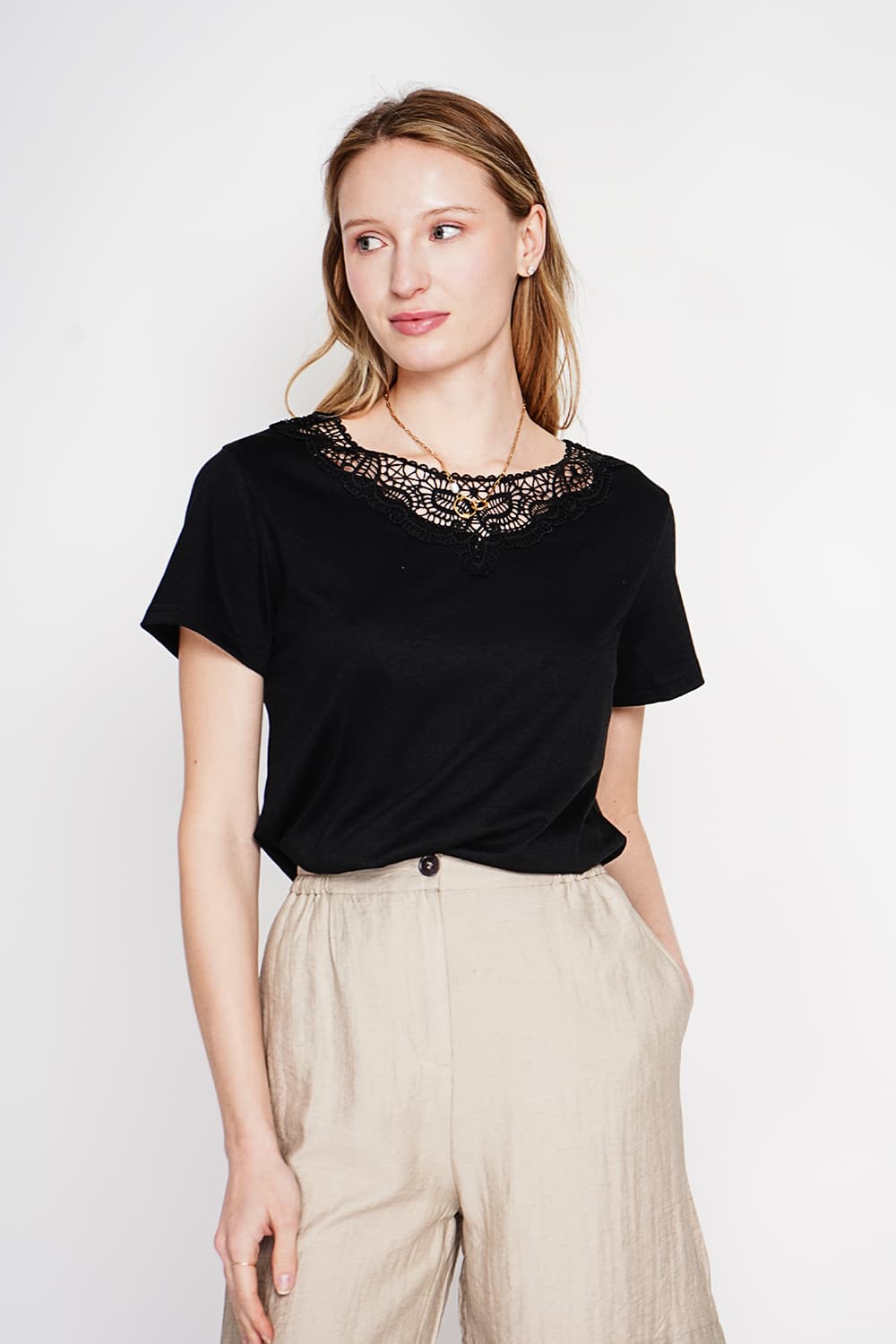 T-shirt col rond manches court dentelle 21