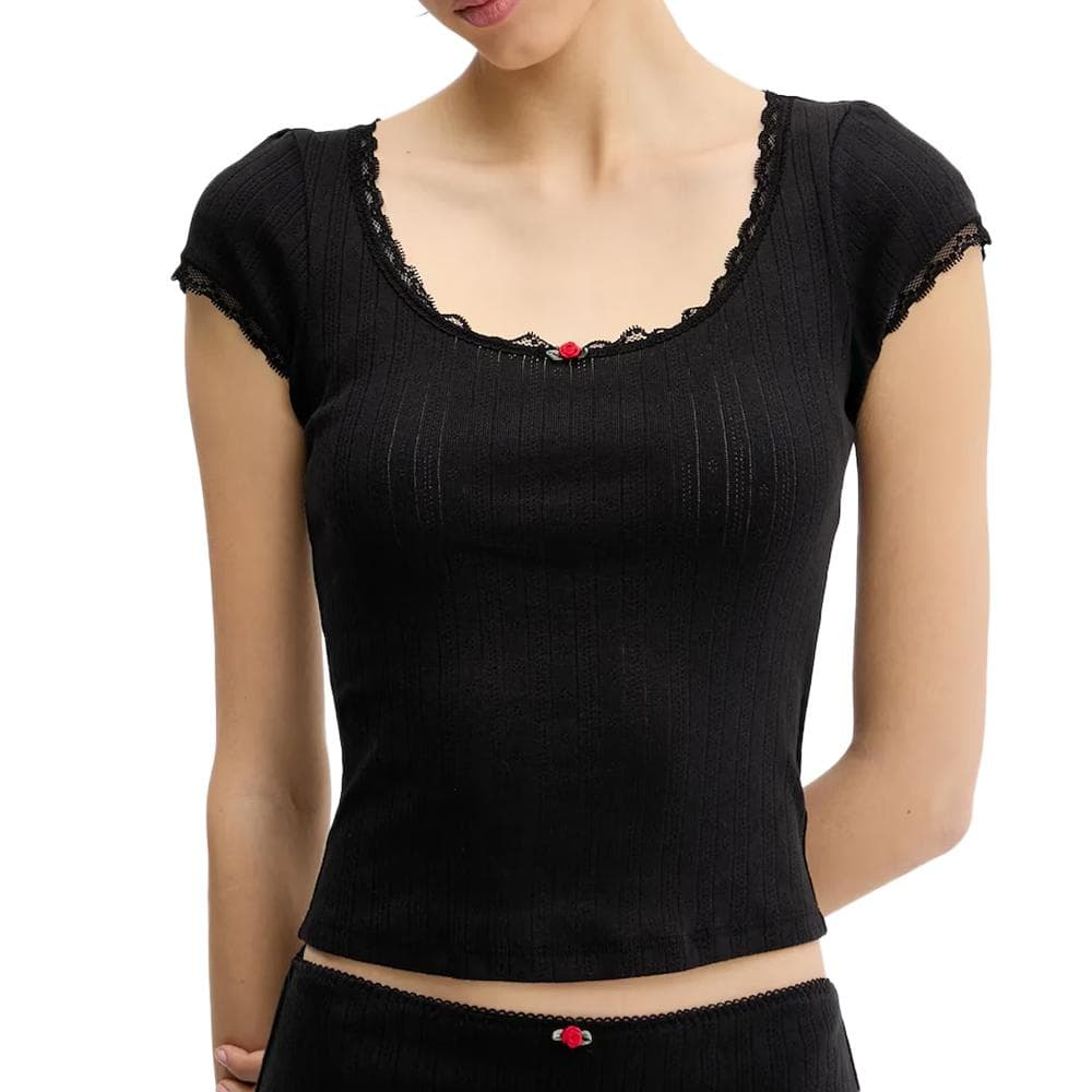 T-shirt Noir Femme Tommy Hilfiger Pointell 1