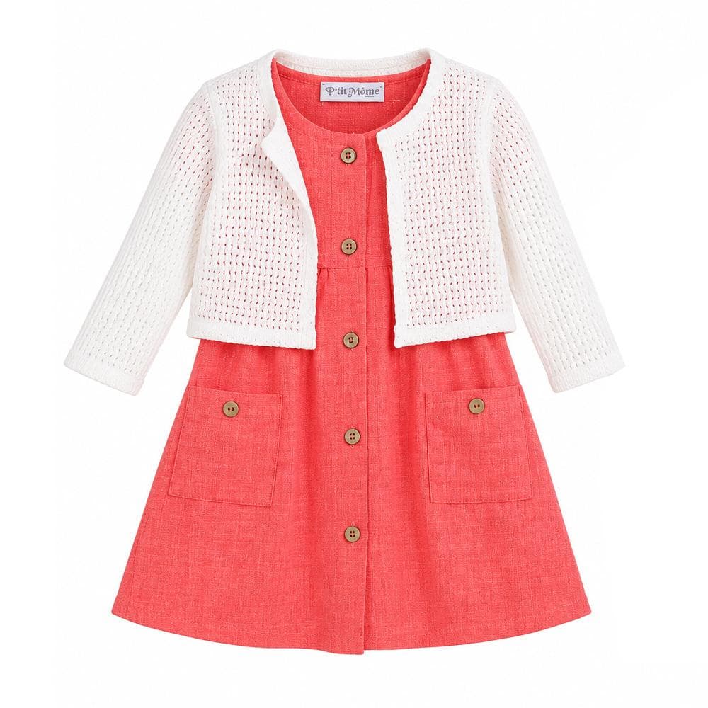 Ensemble Robe + Gilet Rose/Blanc Bébé P'tit Mome Helena 1