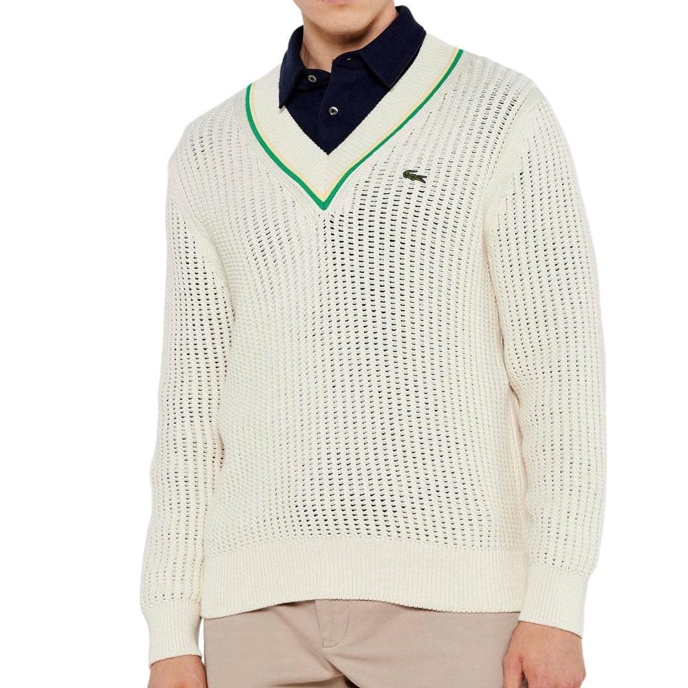 Pull Blanc Homme Lacoste Tennis Rayures 1