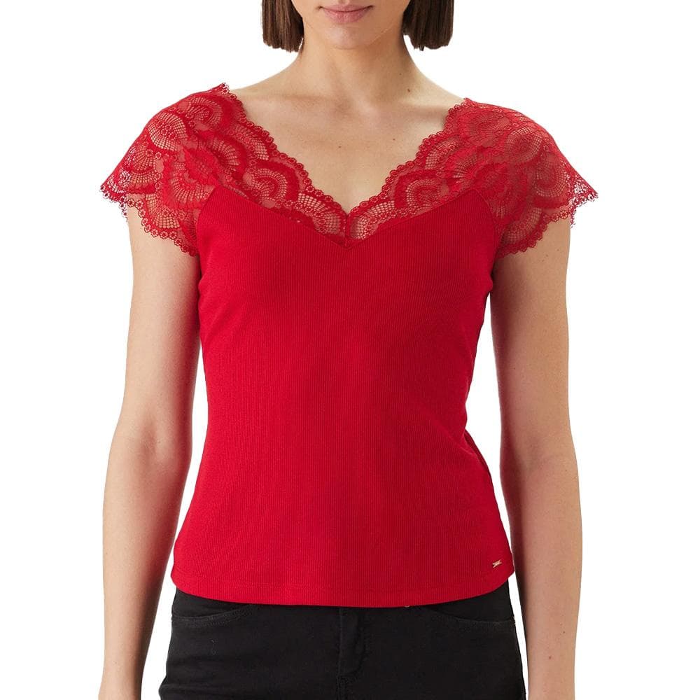 T-Shirt Rouge Femme Morgan Dentelle 1
