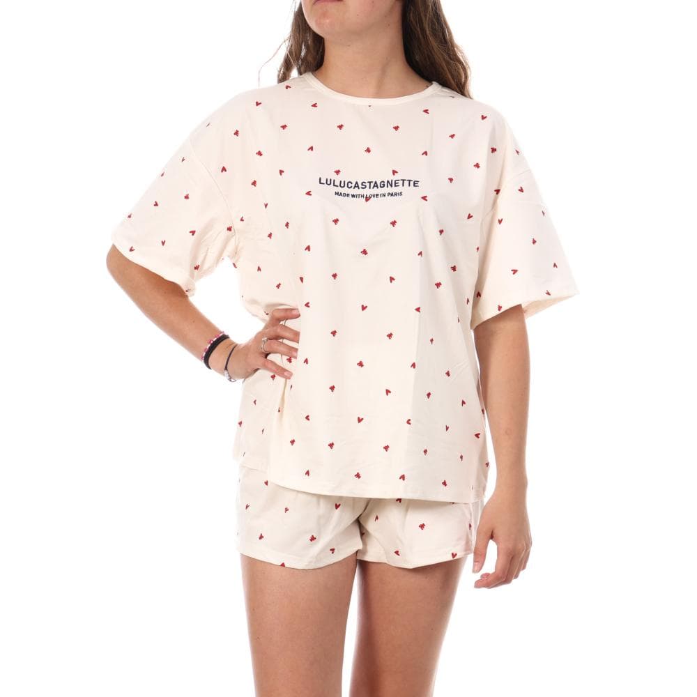 Pyjama Court Beige/Rouge Femme Lulu Castagnette Petits Cœurs 1