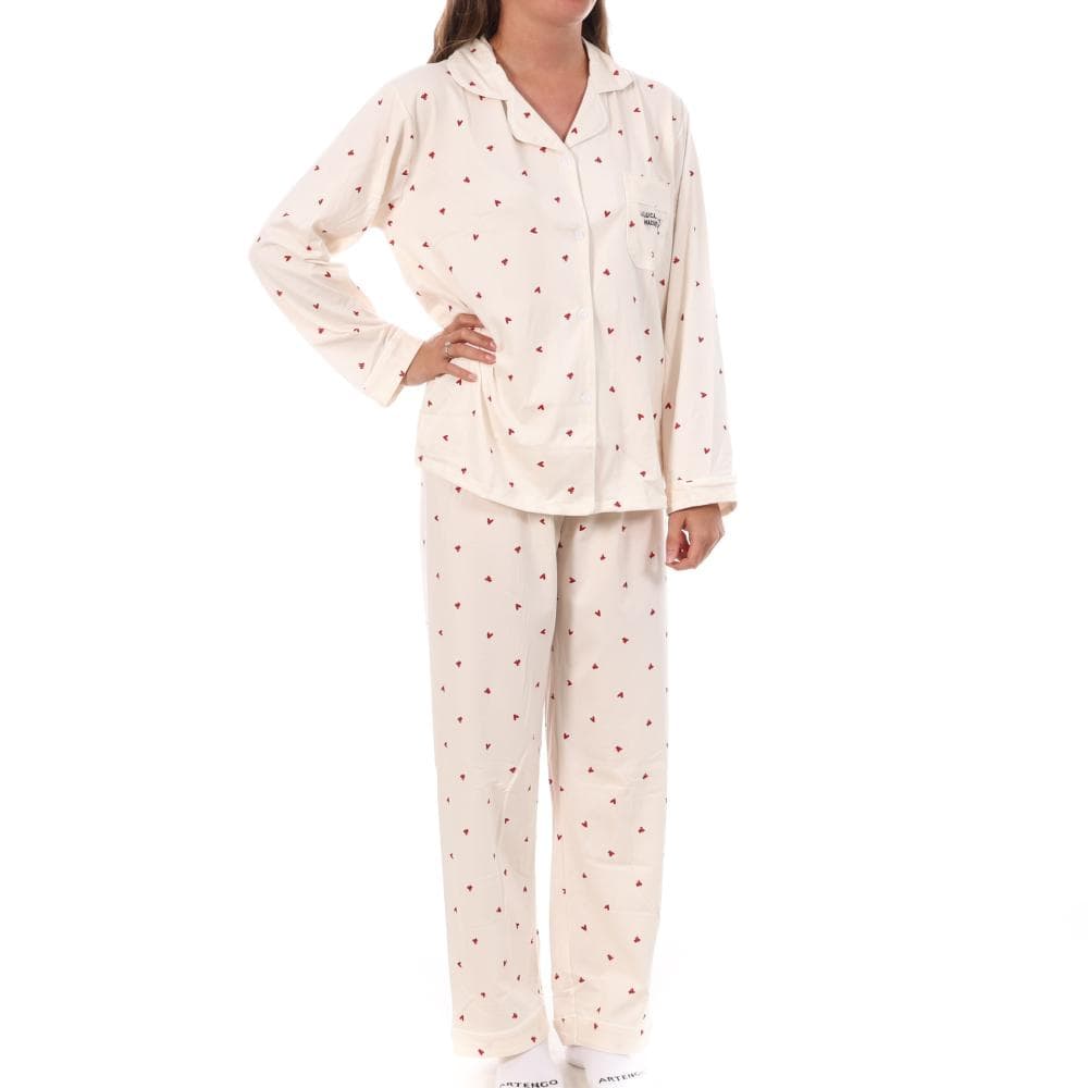 Pyjama Beige/Rouge Femme Lulu Castagnette Petit cœurs 1