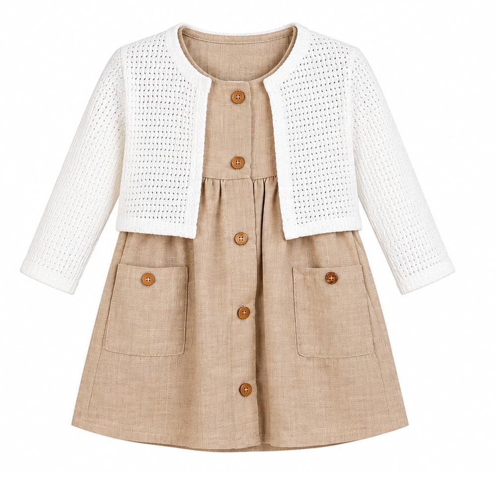 Ensemble Robe + Gilet Beige/Blanc Bébé P'tit Mome Helena 1
