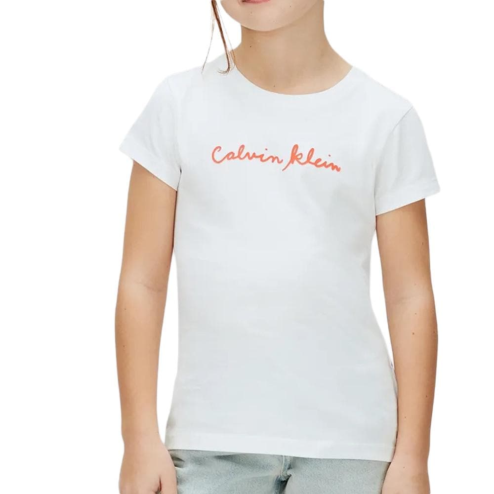 T-Shirt Blanc/Orange Fille Calvin Klein Jeans Script Logo 1