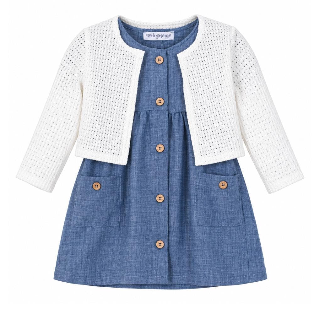 Ensemble Robe + Gilet Bleu/Blanc Bébé P'tit Mome Helena 1